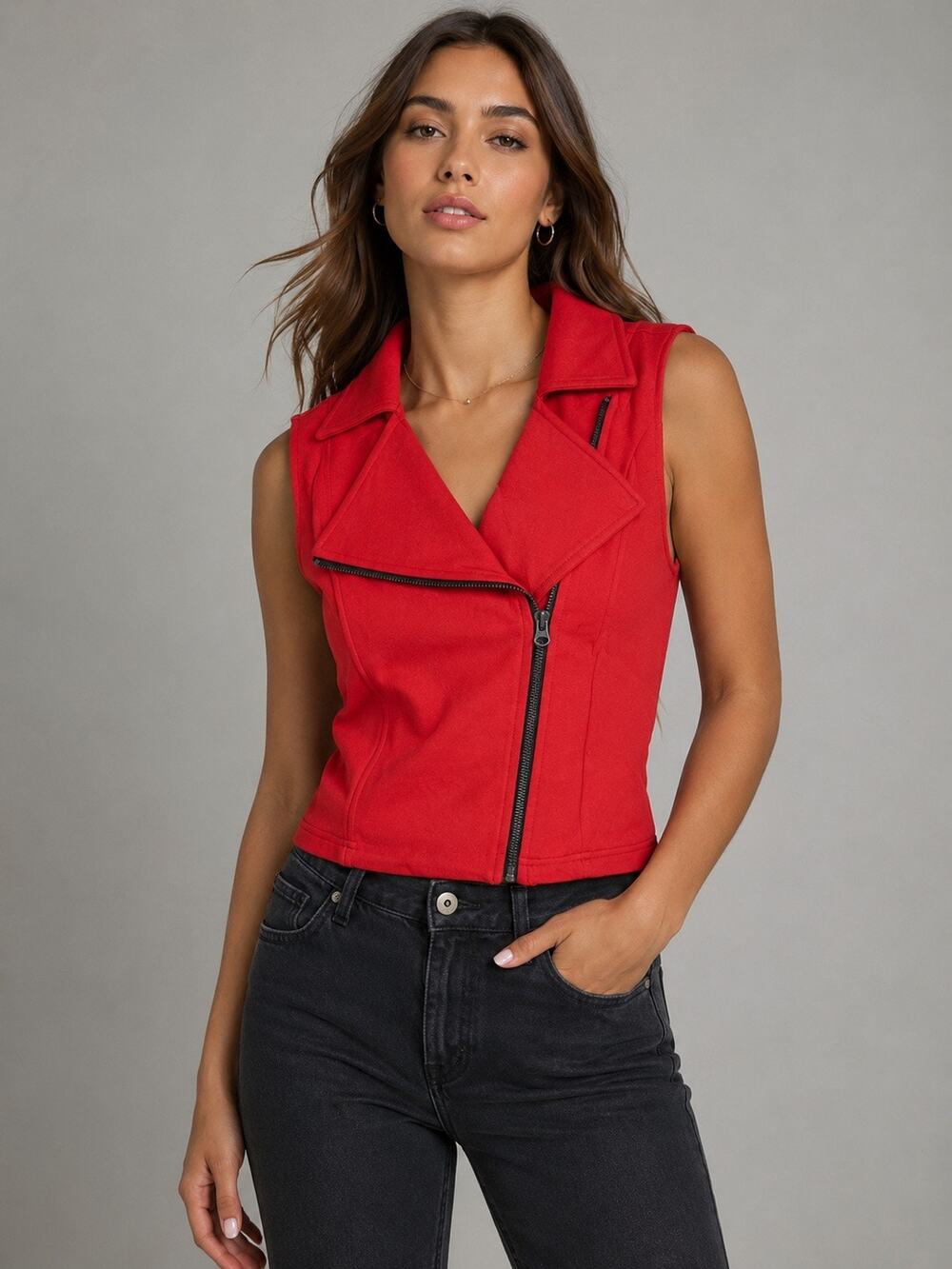 Krisa Red Moto Vest Asymmetrical Zip Sleeveless Jacket Size Small NWT